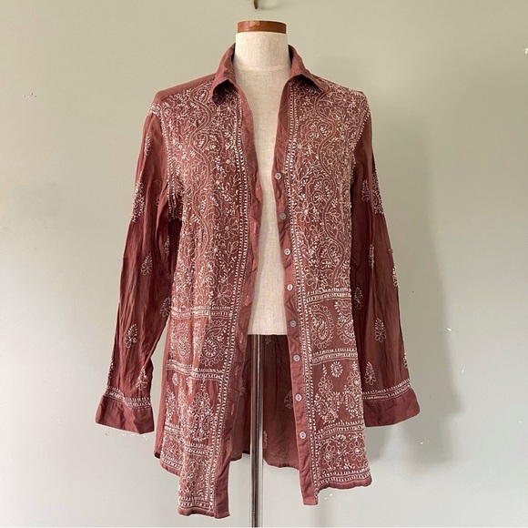 Soft Surroundings Upcycled Button down embroidered tunic shirt XL - Picture 1 of 7